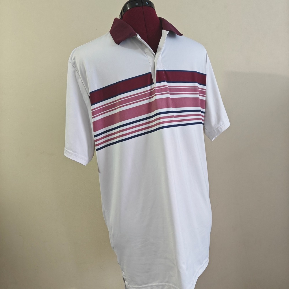 BONOBOS GOLF Men Slim Fit Polo White Shirt Burgundy Stripe Short Sleeve Medium - Picture 1 of 7